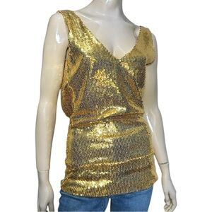 Adam Lippes NWT Women’s Size M Gold Sequin Open Back V Sleeveless Top Shirt